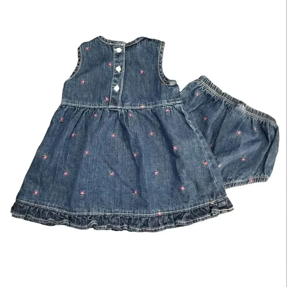 VTG OshKosh 2 Piece Floral Denim‎ Jean Jumper Dress Girl's 6-9mos